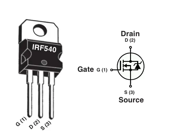 IRF540 transistor Pinout and internal representation