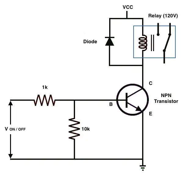 relay switch circuit driven with npn transistor protected with a flyback diode