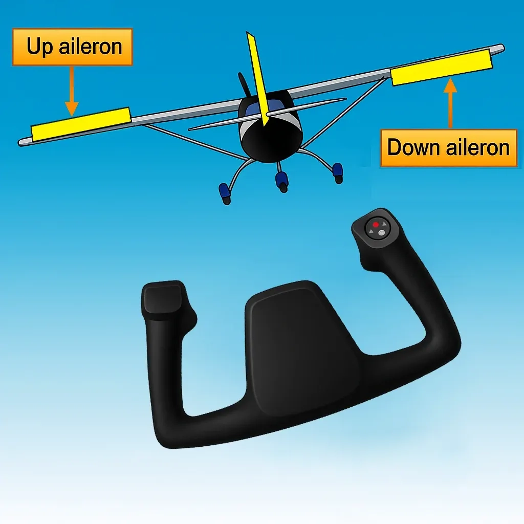 Ailerons in action roll to the left