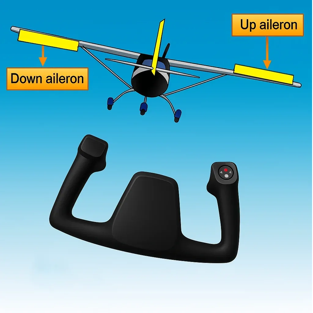 Ailerons in action roll to the right