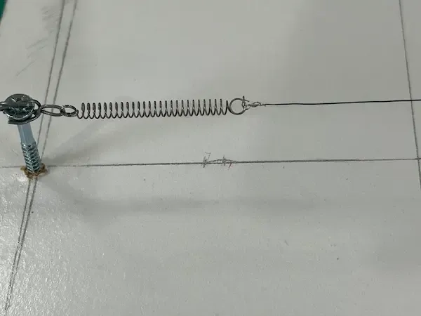The spring being stretched to its marked position