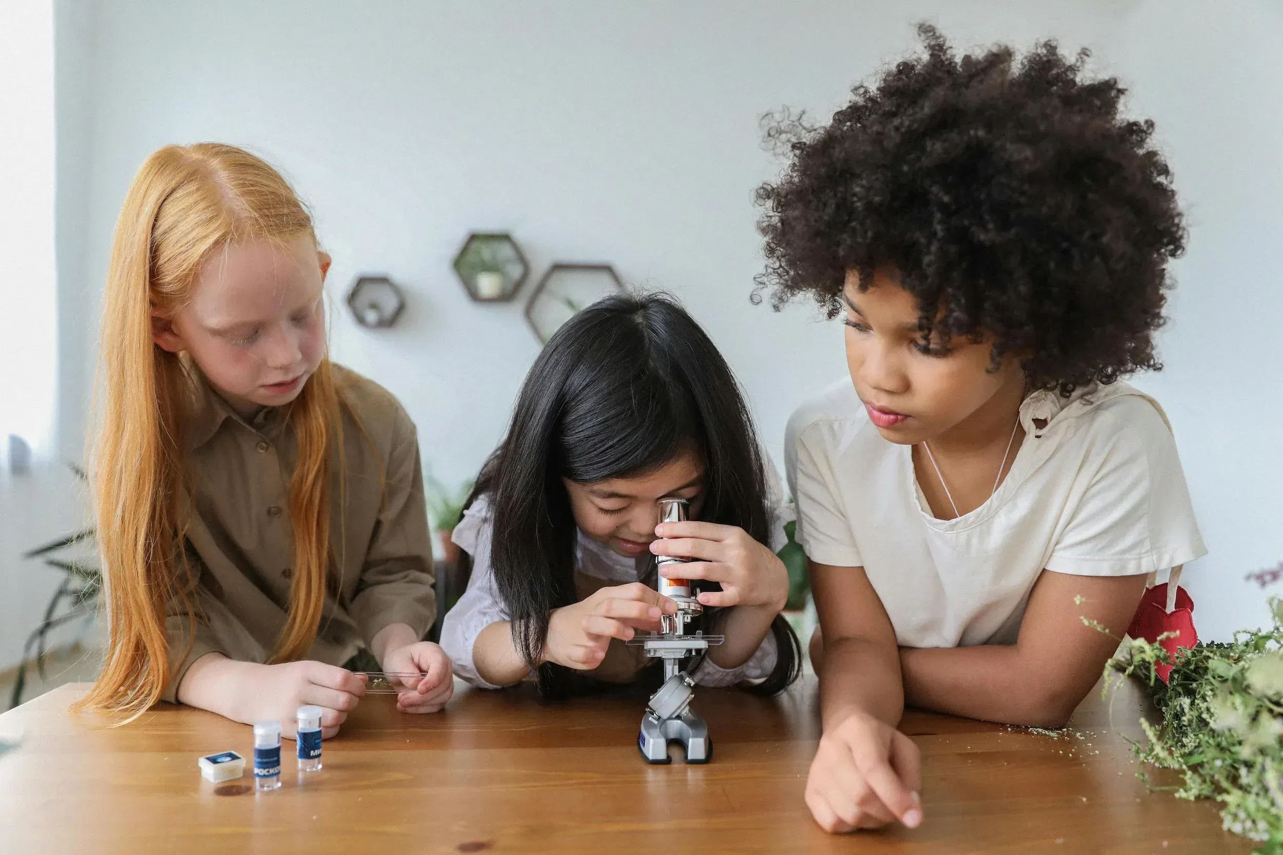 Children looking into a microscop in turns