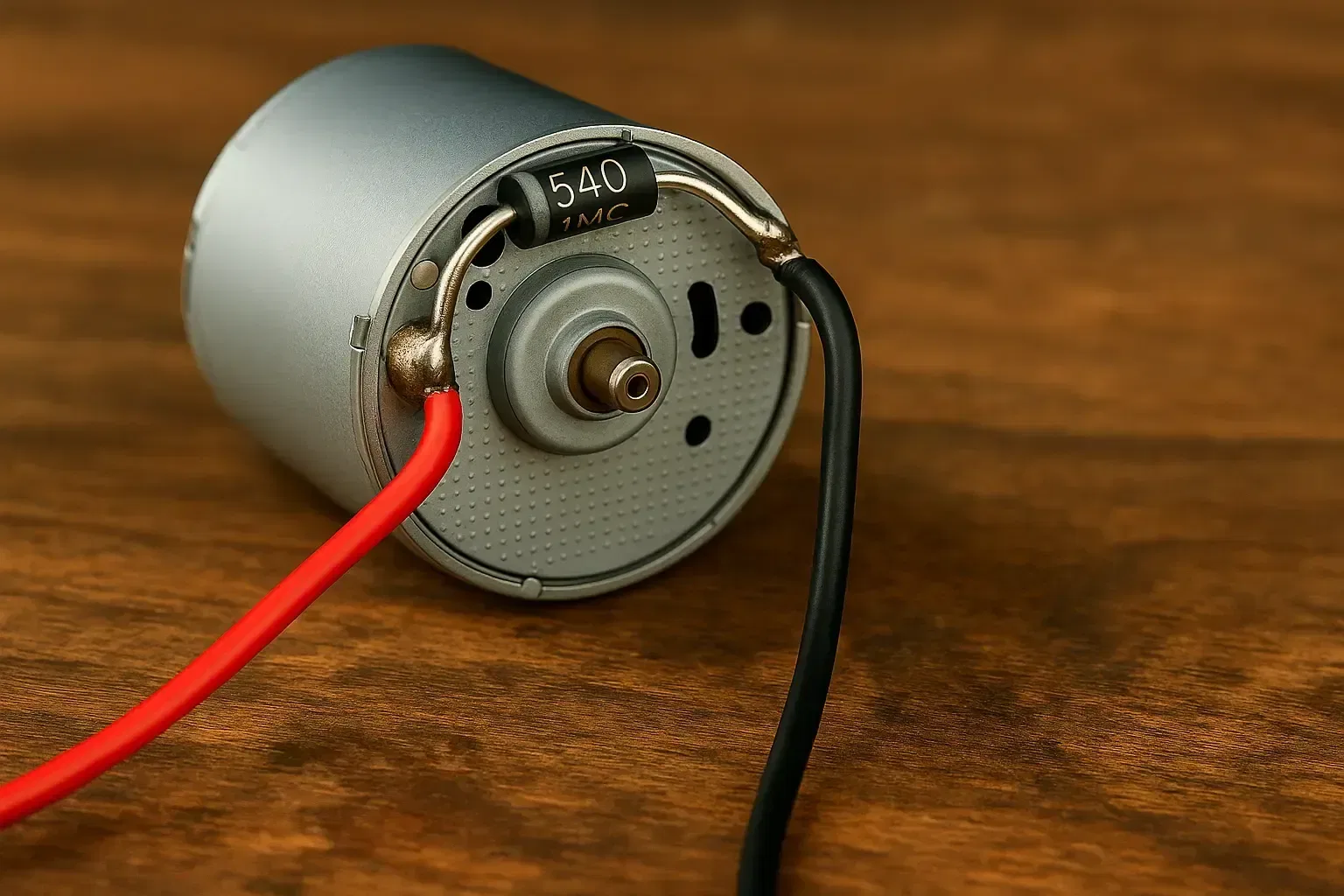 flyback-diode-soldered-to-dc-motor-on-wooden-table