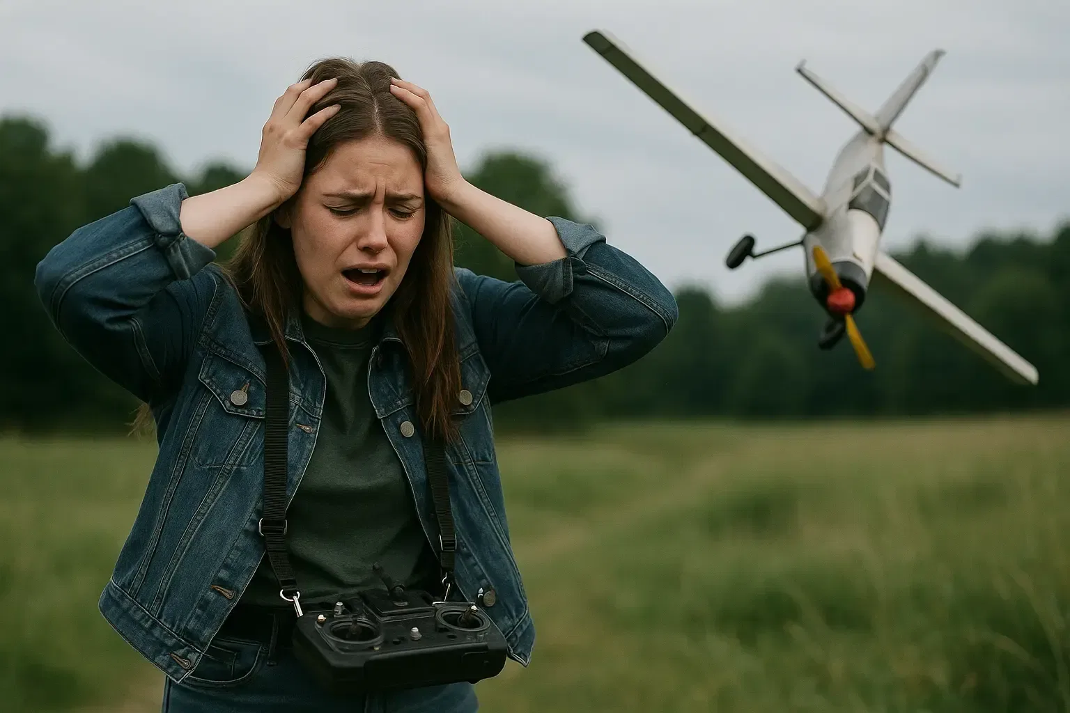 a girl crying while plane stalls and dive down in a green field