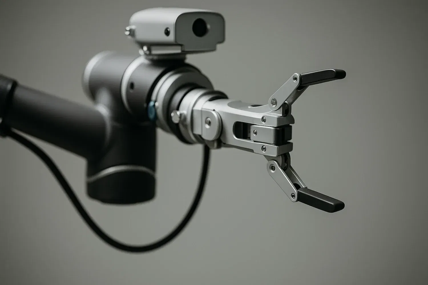 robotic arm extended with claws open and camera on top