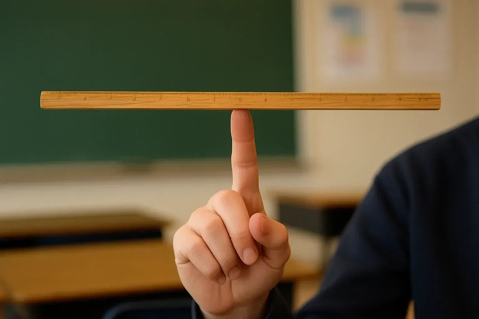 Ruler in balance on the tip of student's finger