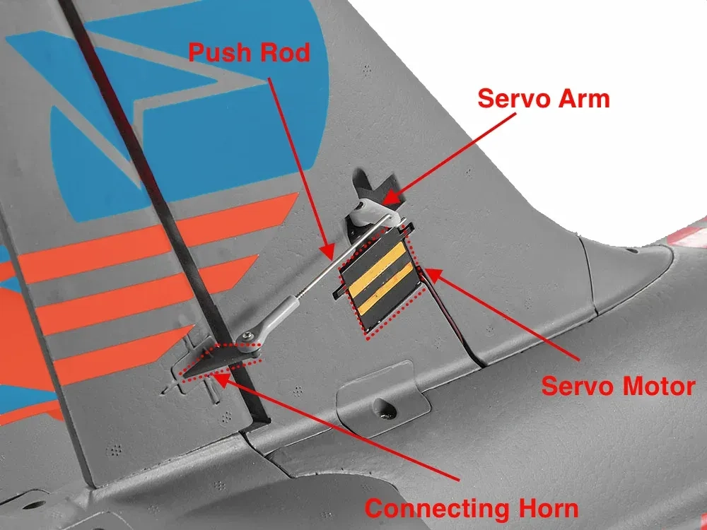 airplane control surfaces connecting servo with horns and rod