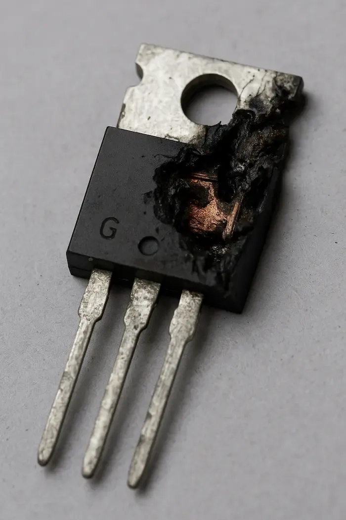 an exploded mosfet transistor due to no protection with flyback diode