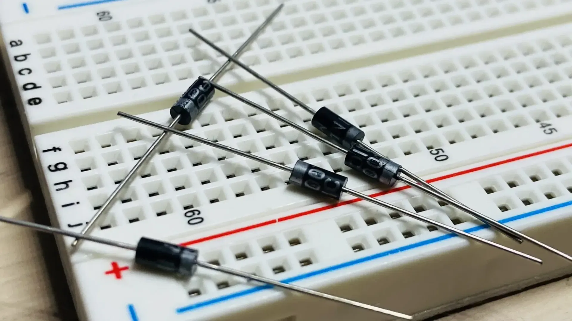 Five diodes on a breadboard