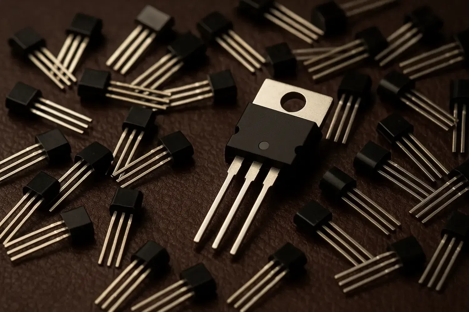 mosfet-in-the-middle-of-dozens-of-bjt-transistor-on-top-of-brown-table